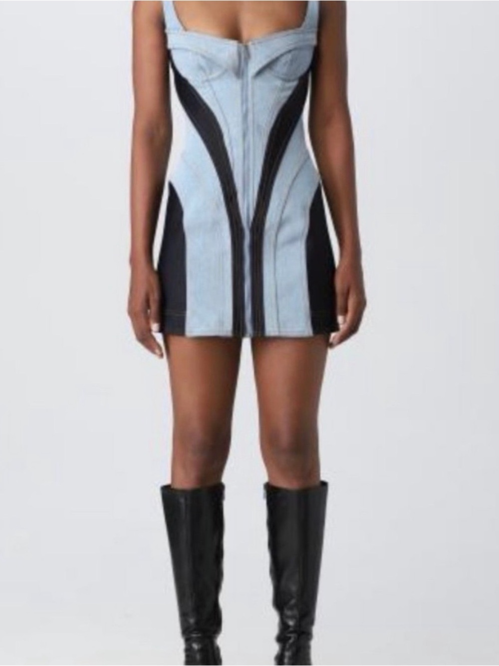 Similar Mugler Light Blue Denim Bustier Mini Dress with Black Paneling